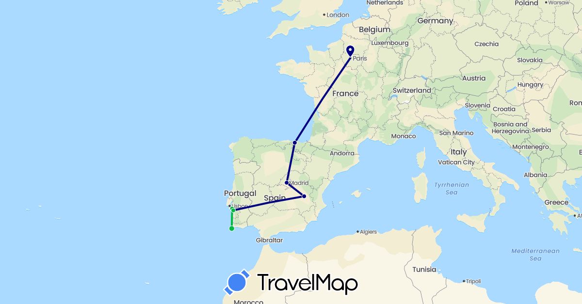 TravelMap itinerary: driving, bus in Spain, France, Portugal (Europe)
